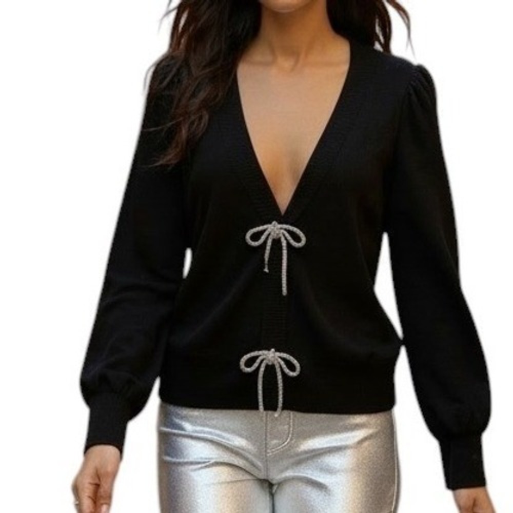 EXPRESS Black Deep V Neck Rhinestone Bow Puff Sleeve Cardigan Sweater EUC Medium